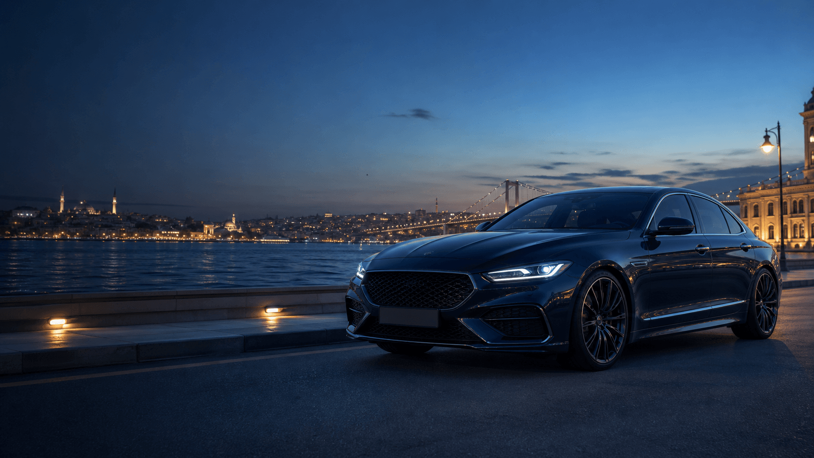 Luxury car on the Istanbul waterfront at dusk